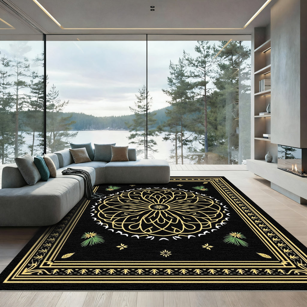 Black Gold Floral Mandalas Border Rug