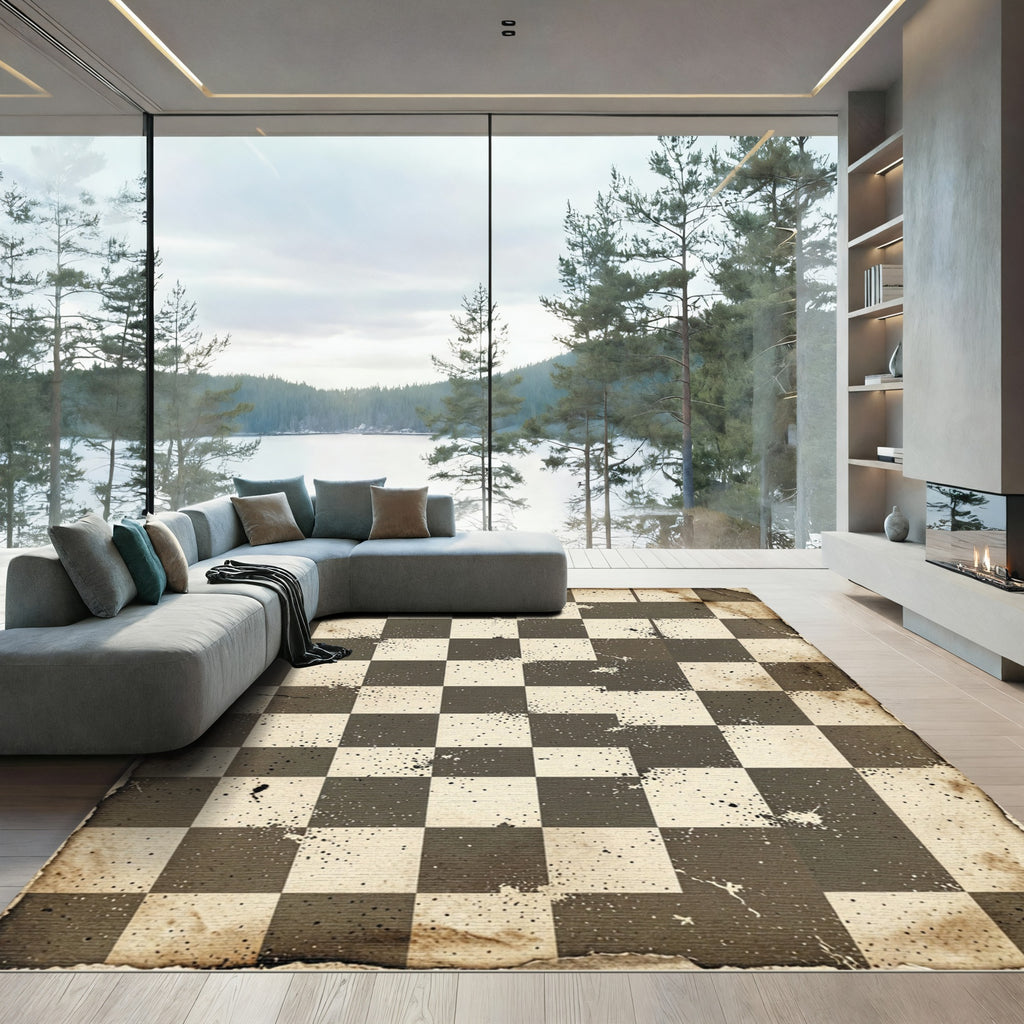 Distressed Vintage Monochrome Checkered Grid Rug
