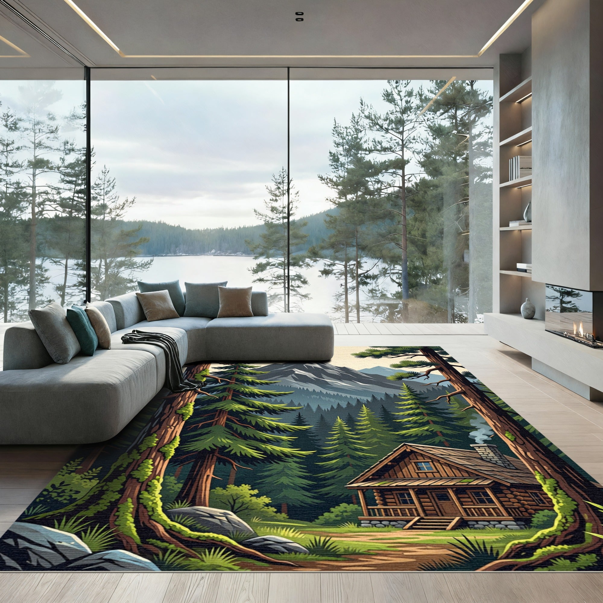 Mist Covered Mountain Forest Cabin Rug