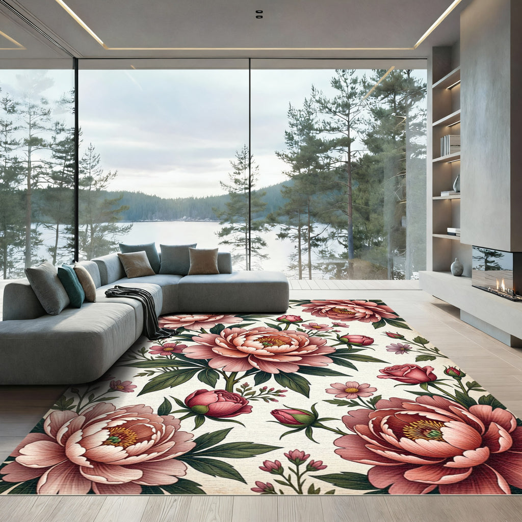 Elegant Blush Peony Botanical Illustration Rug