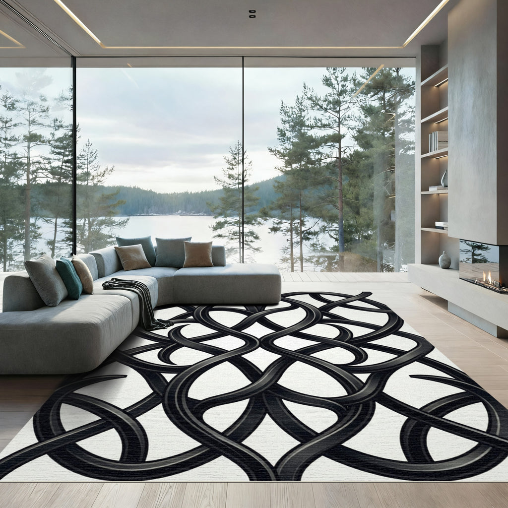 Elegant Black Intertwined Charcoal Scroll Rug