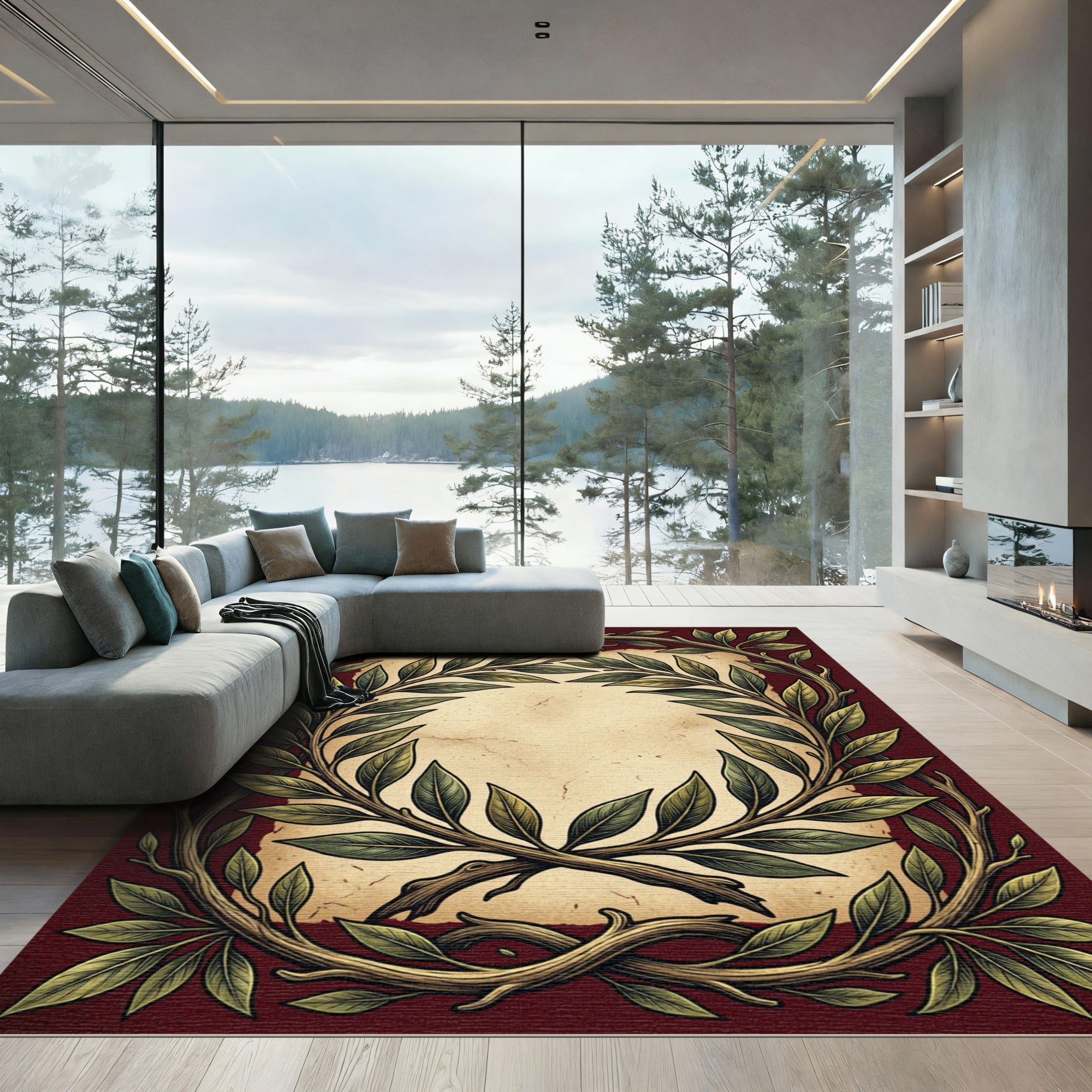 Red Laurel Wreath Border Rug