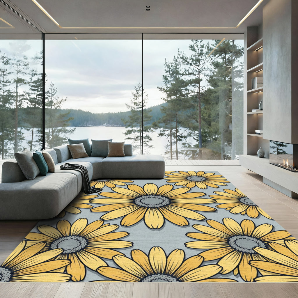 Sunny Yellow Daisy Floral Gray Rug