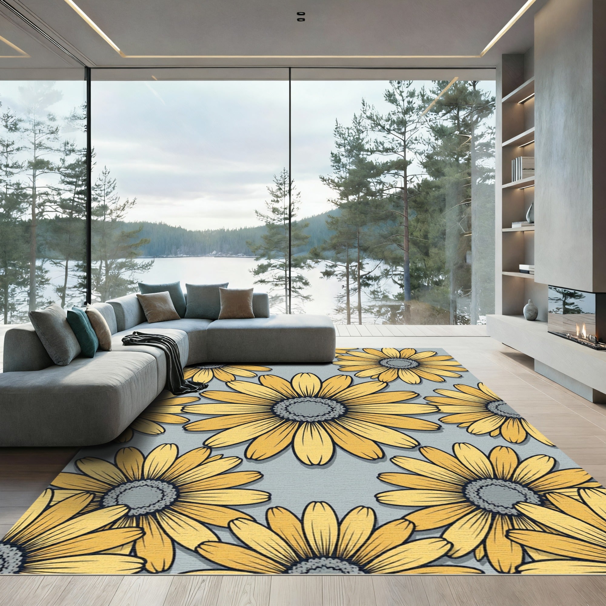 Sunny Yellow Daisy Floral Gray Rug