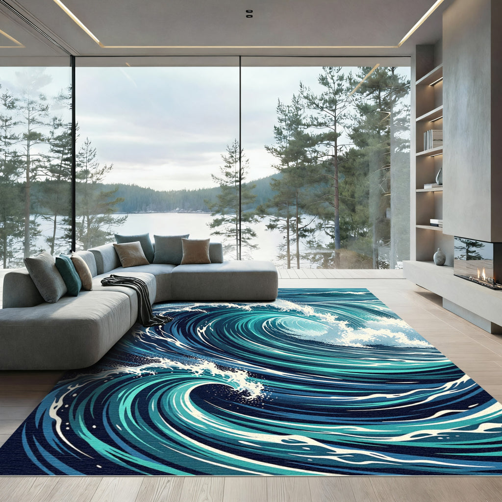 Deep Blue Turbulent Ocean Waves Rug