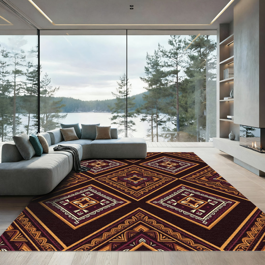 Earthy Burgundy Geometric Diamond Mosaic Rug