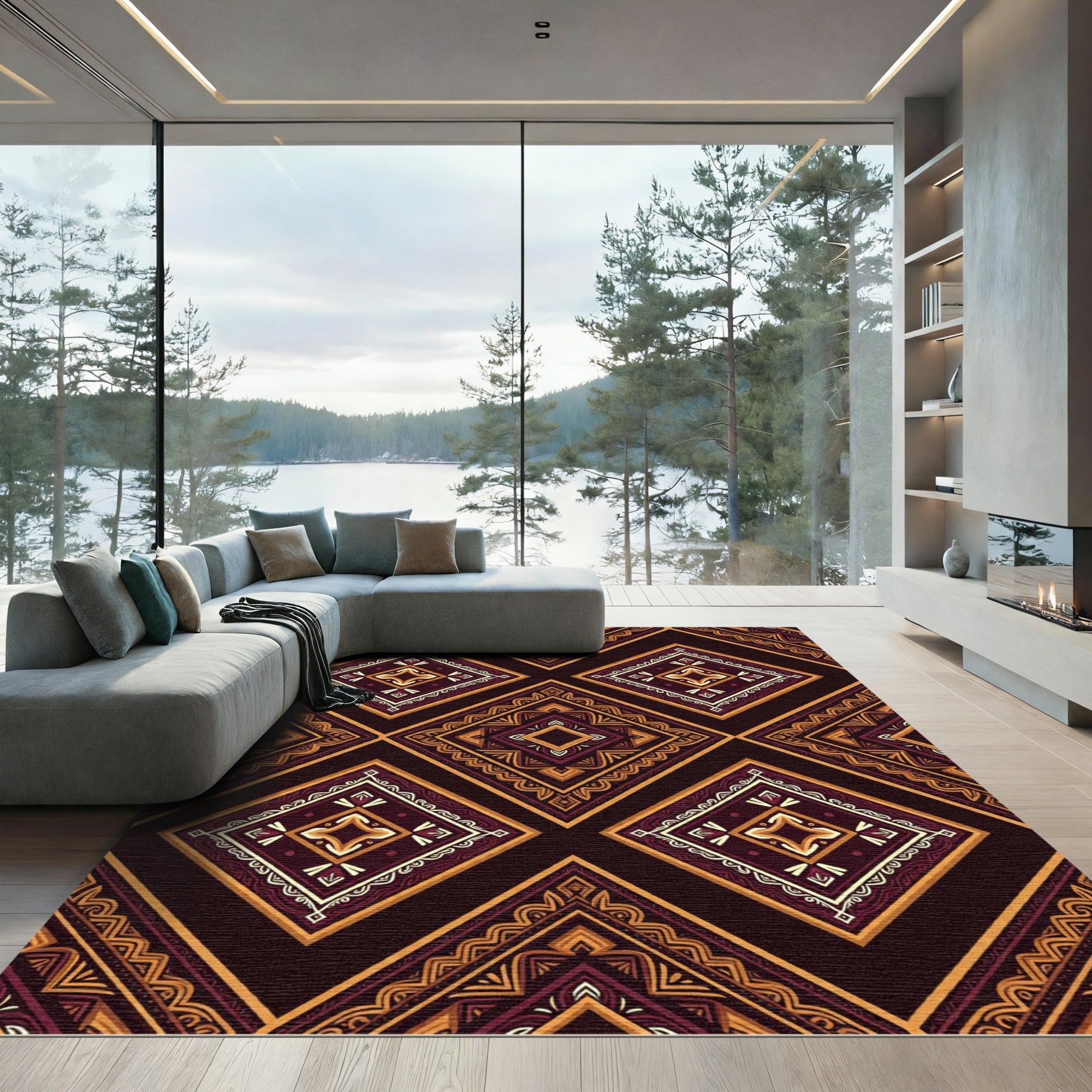 Earthy Burgundy Geometric Diamond Mosaic Rug