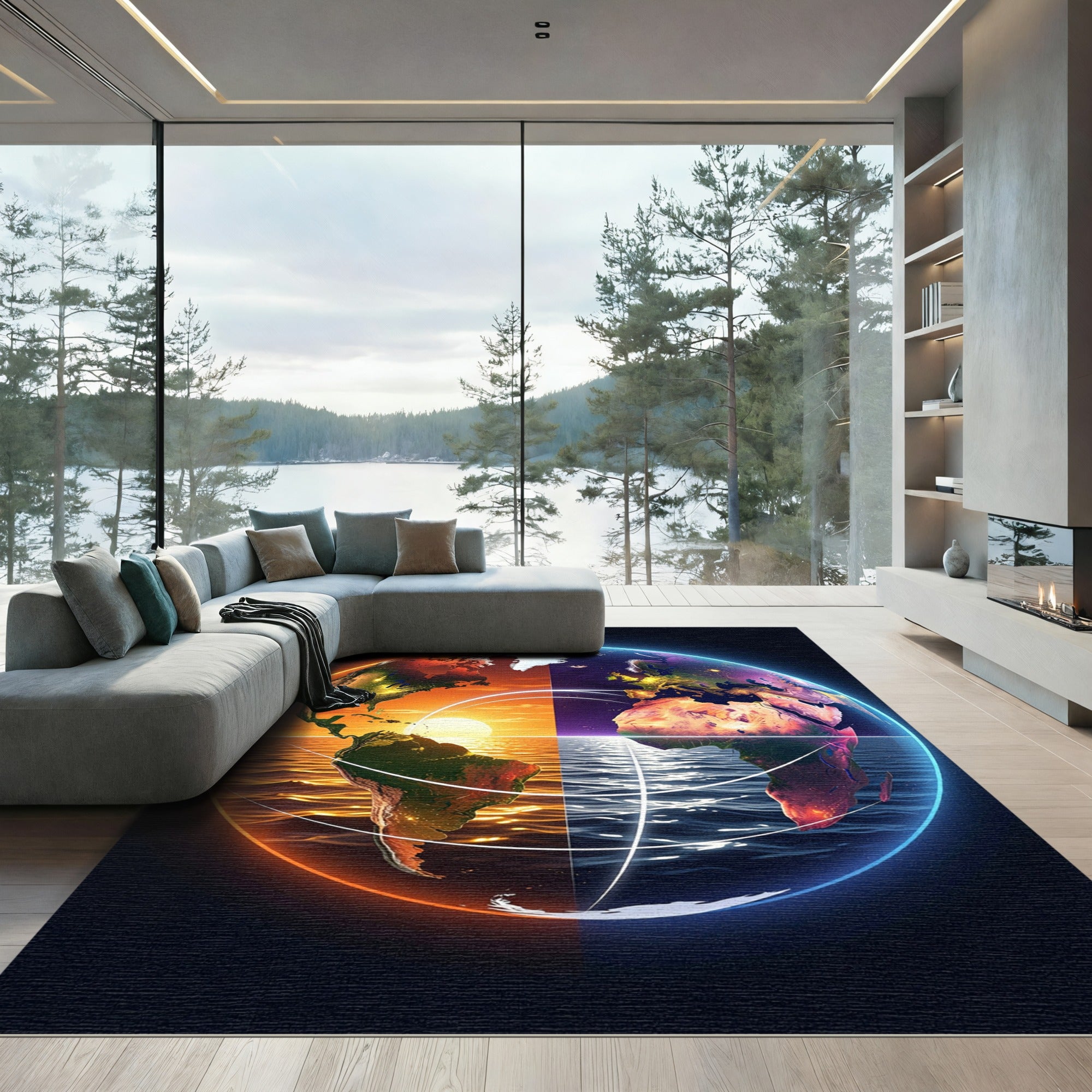 Luminous Celestial Earth Day and Night Globe Rug