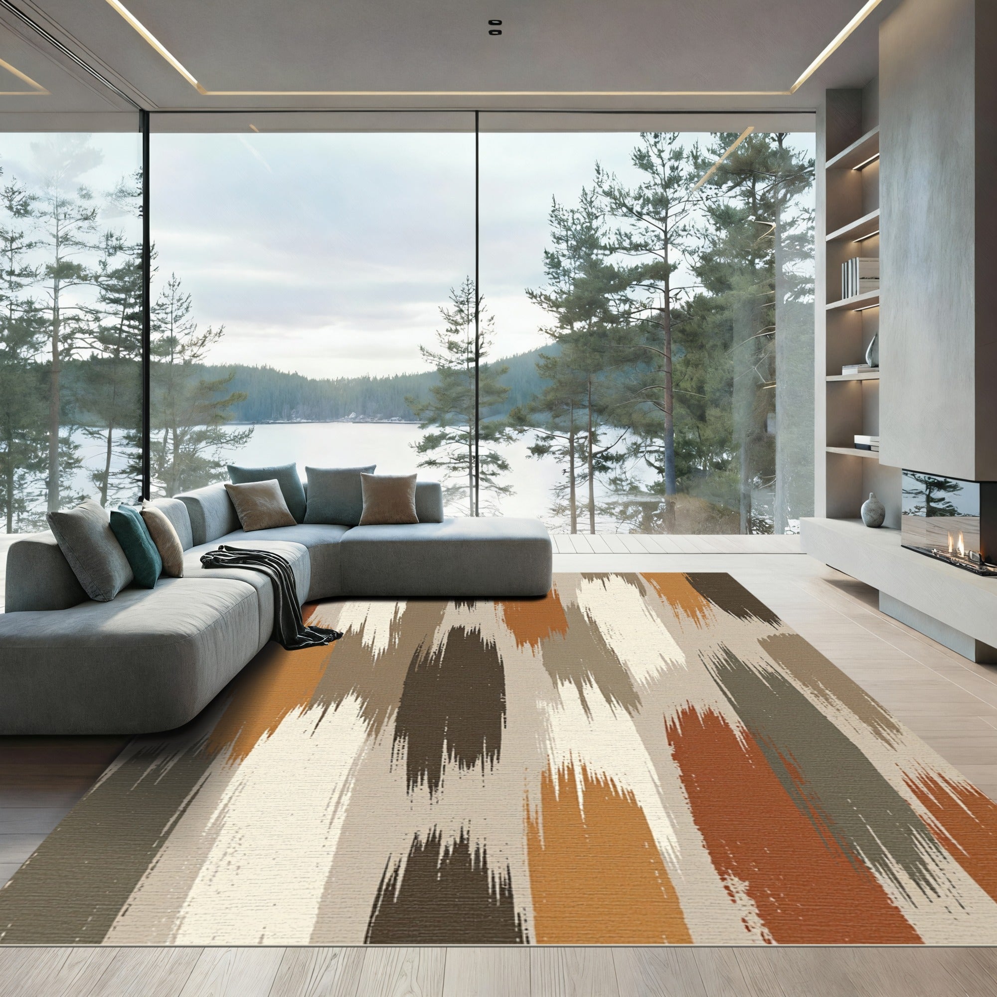 Rustic Earthy Brushes Vertical Strokes Rug
