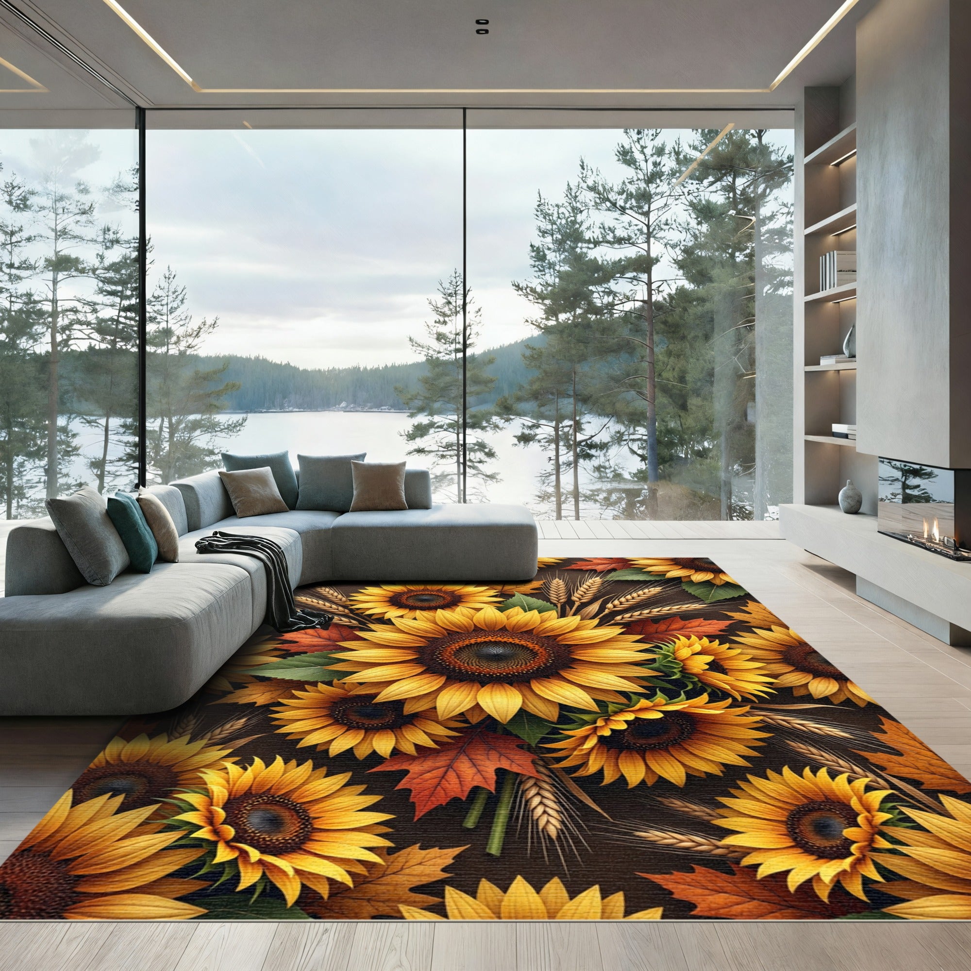 Golden Sunflower Wheat Autumn Leaves Rug