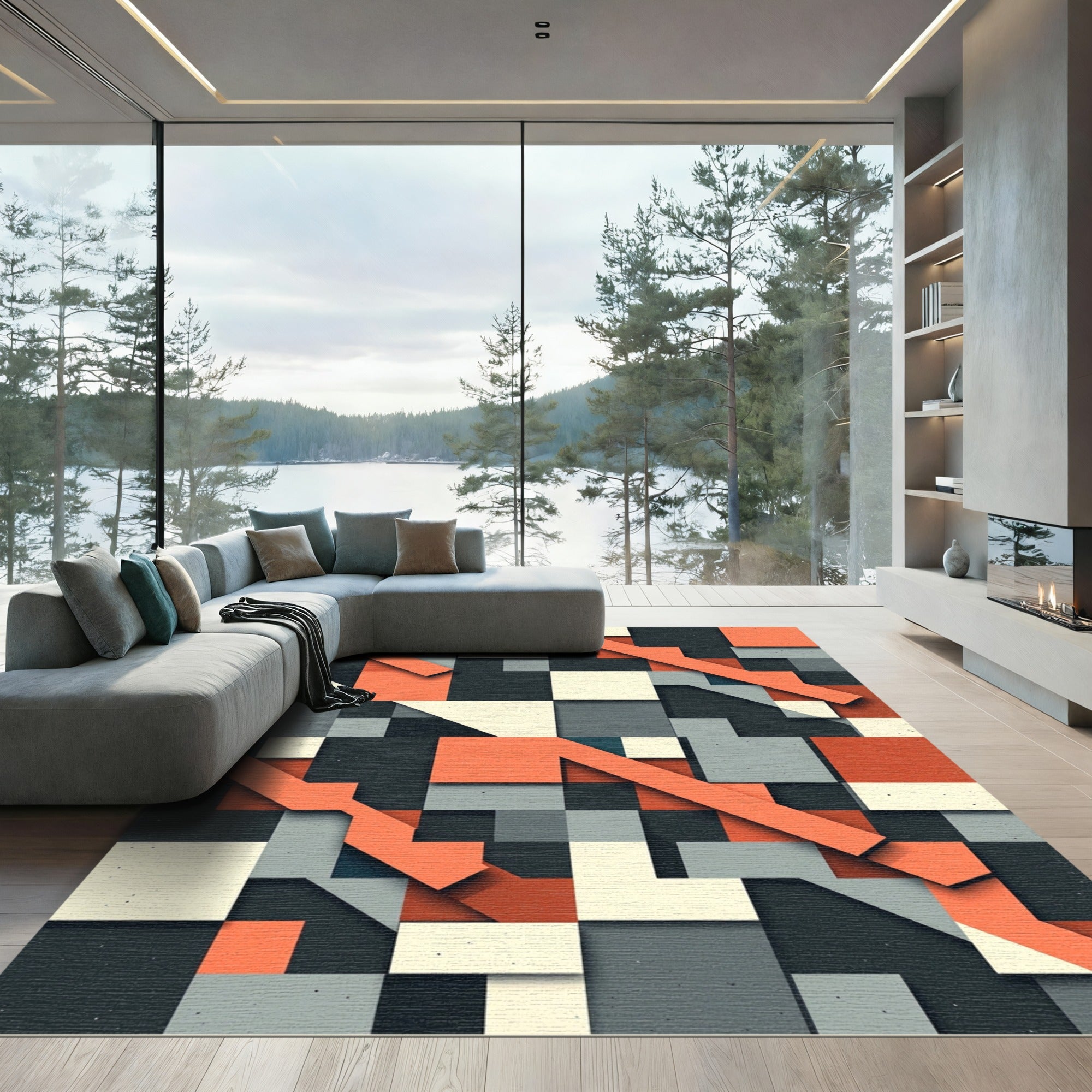 Geometric Mid-century Modern Terracotta Gray Rug