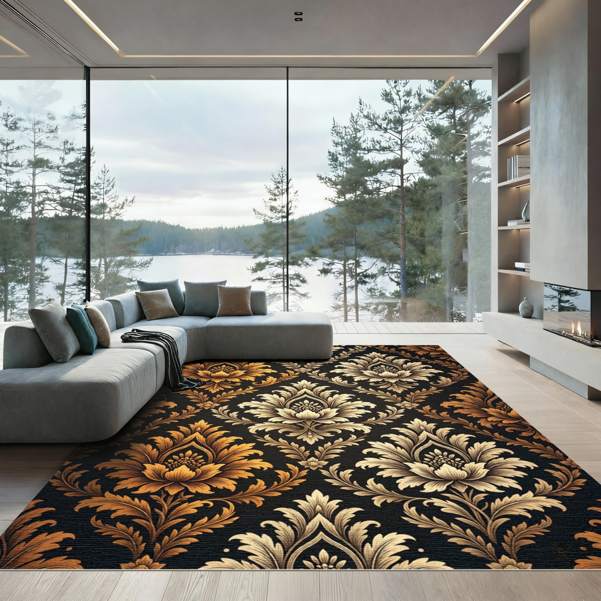 Ornate Golden Floral Damask Rug