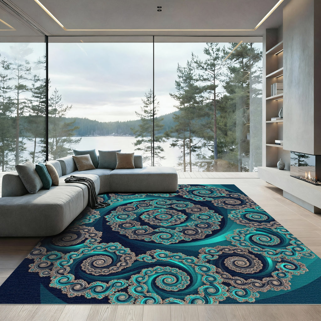 Teal Fractal Infinite Swirl Round Medallion Rug