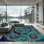 Teal Fractal Infinite Swirl Round Medallion Rug