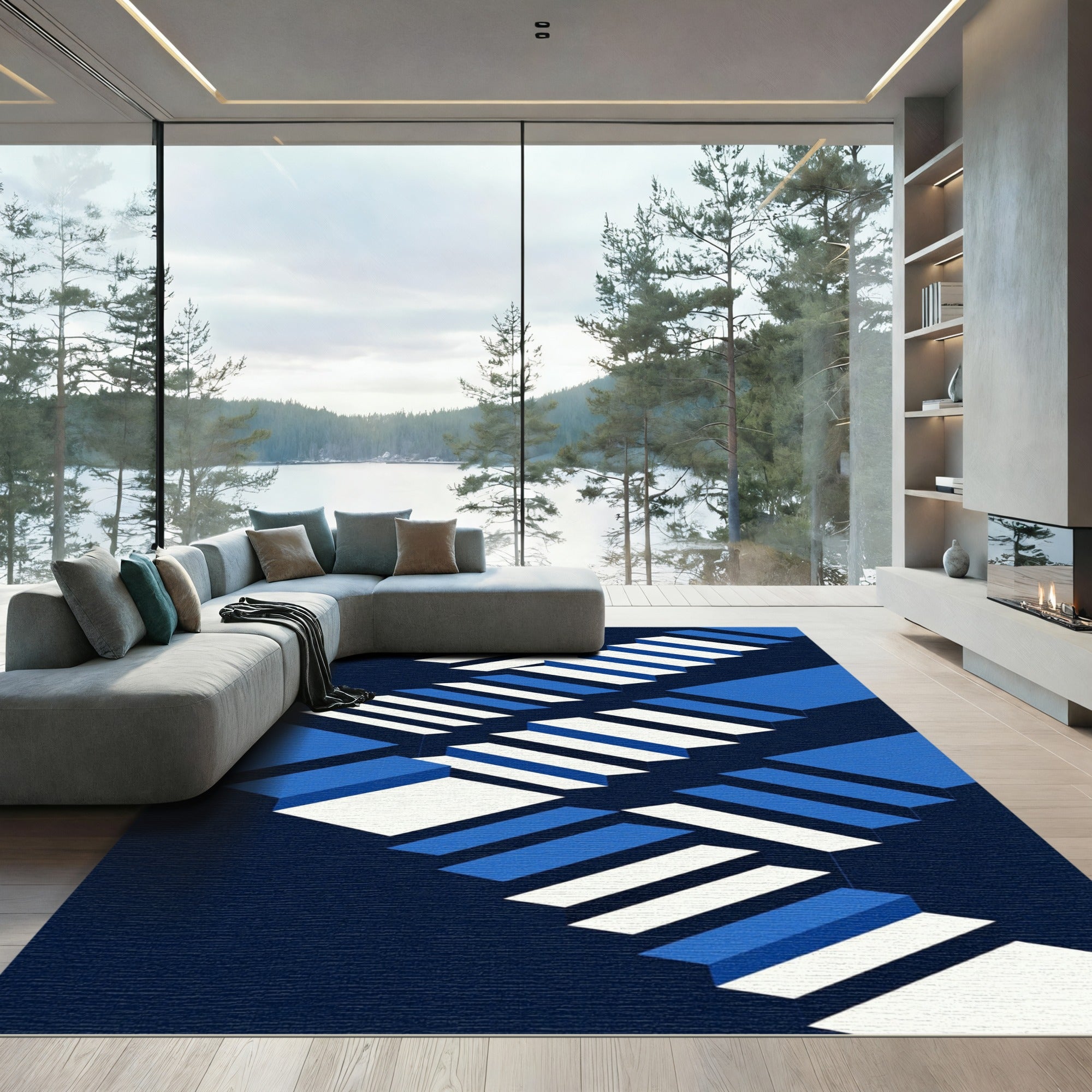 Blue White Geometric Illusion Rug