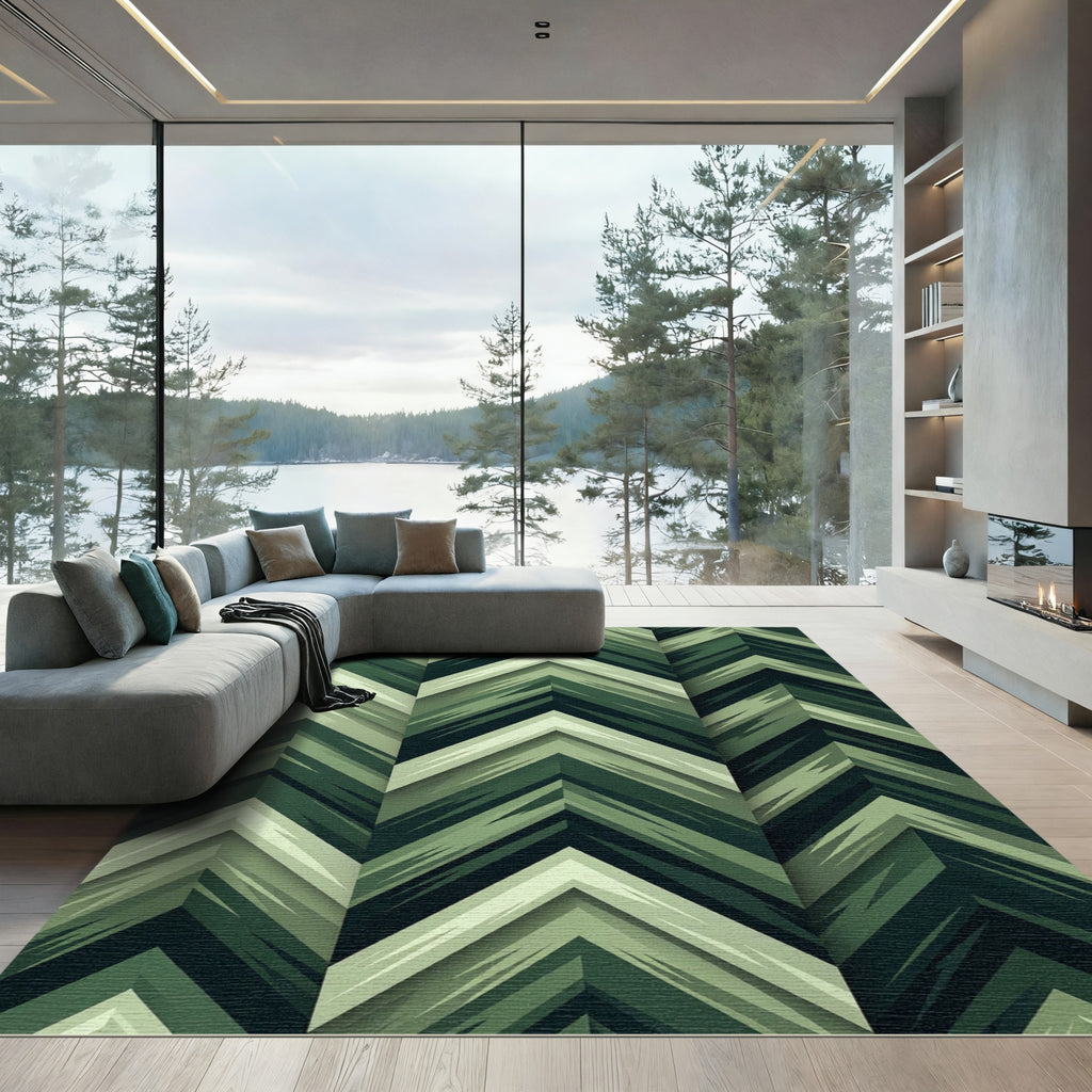 Forest Green Chevron Geometric Layers Rug
