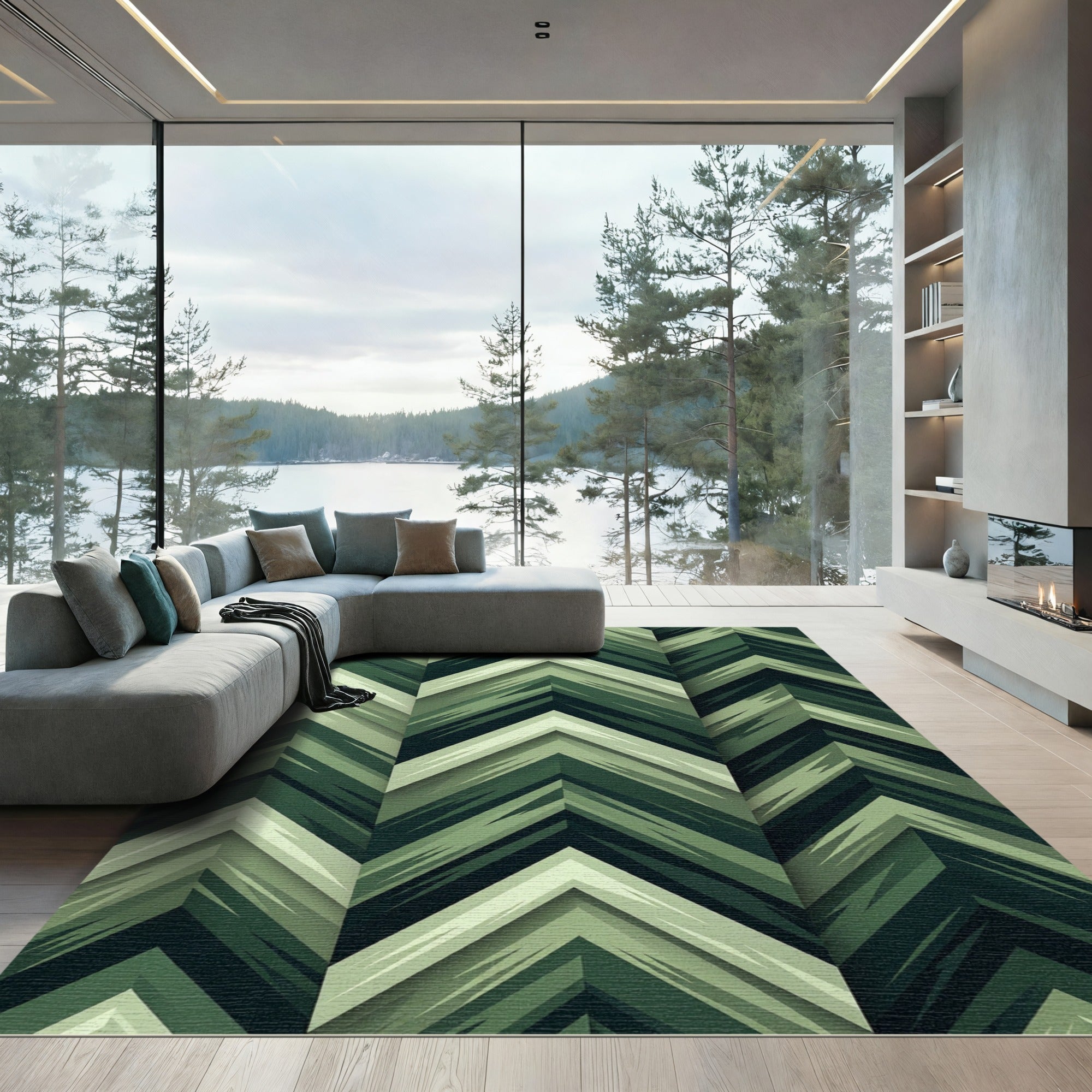 Forest Green Chevron Geometric Layers Rug