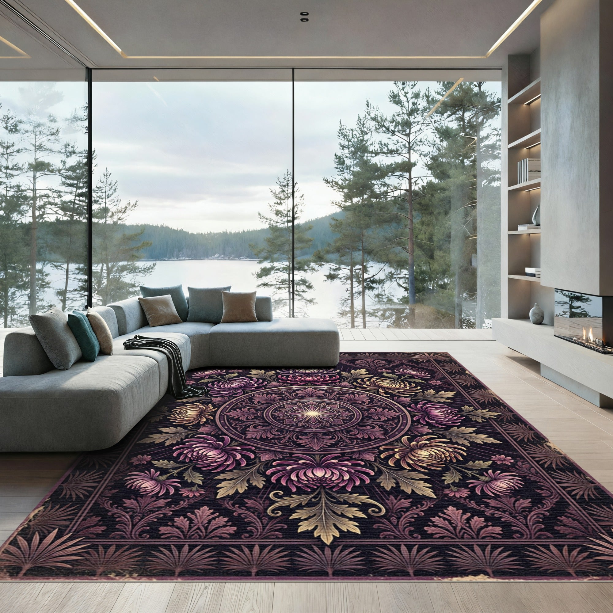 Ornate Plum Chrysanthemum Botanical Medallion Rug