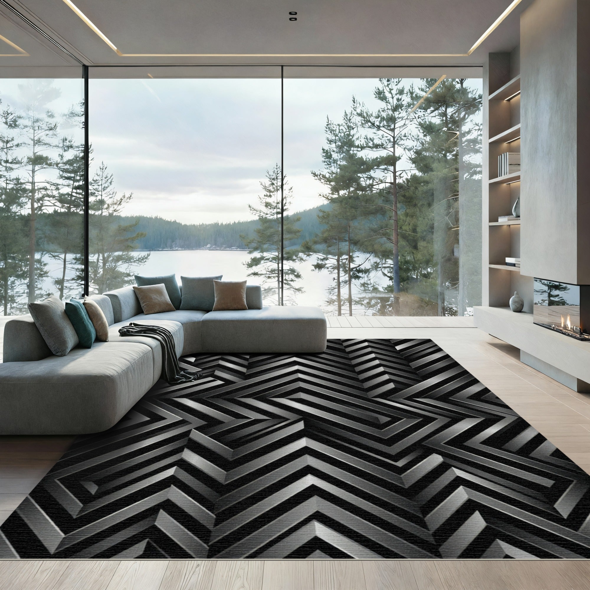 Metallic Silver Geometric Chevron Rug