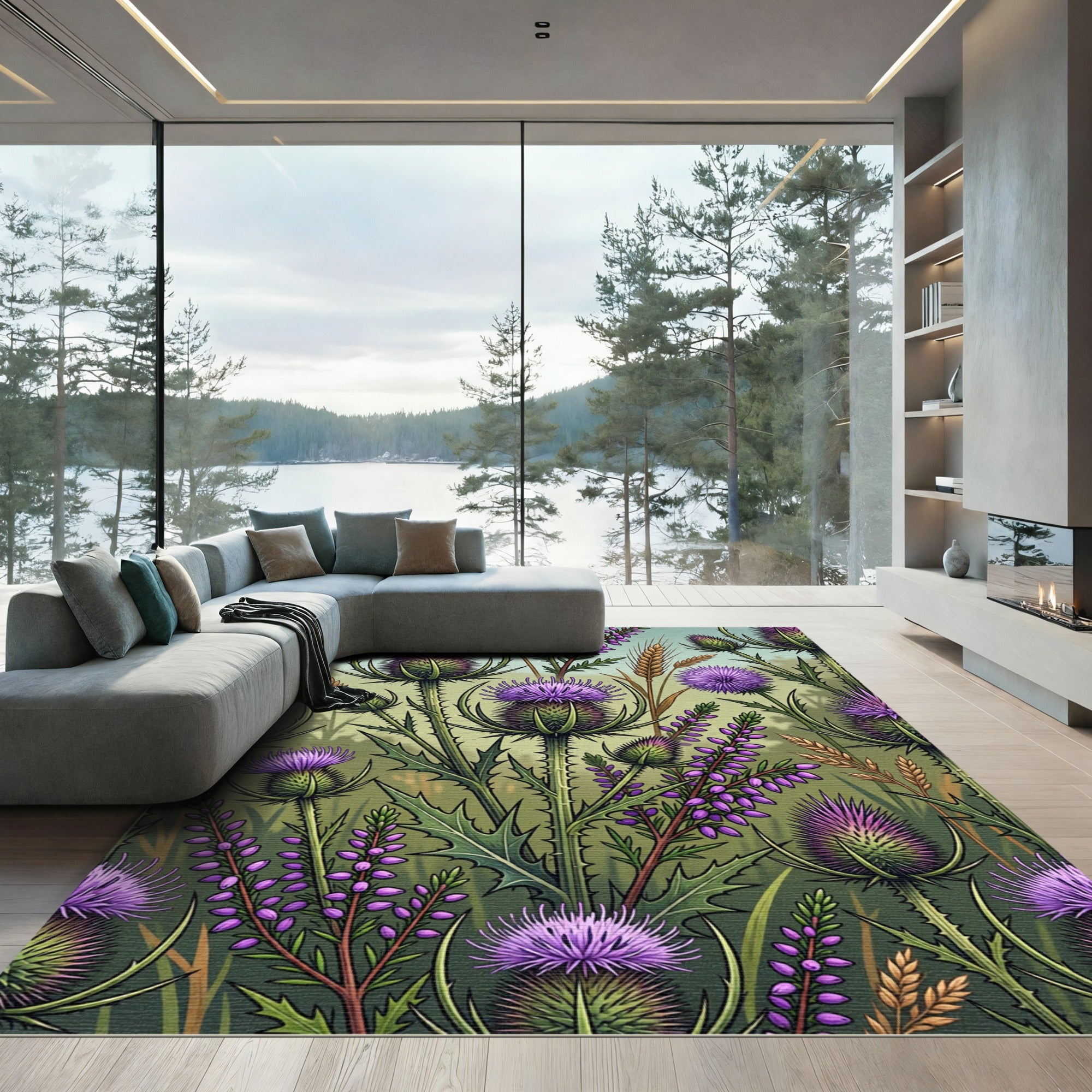 Botanical Purple Thistle and Heather Field Rug