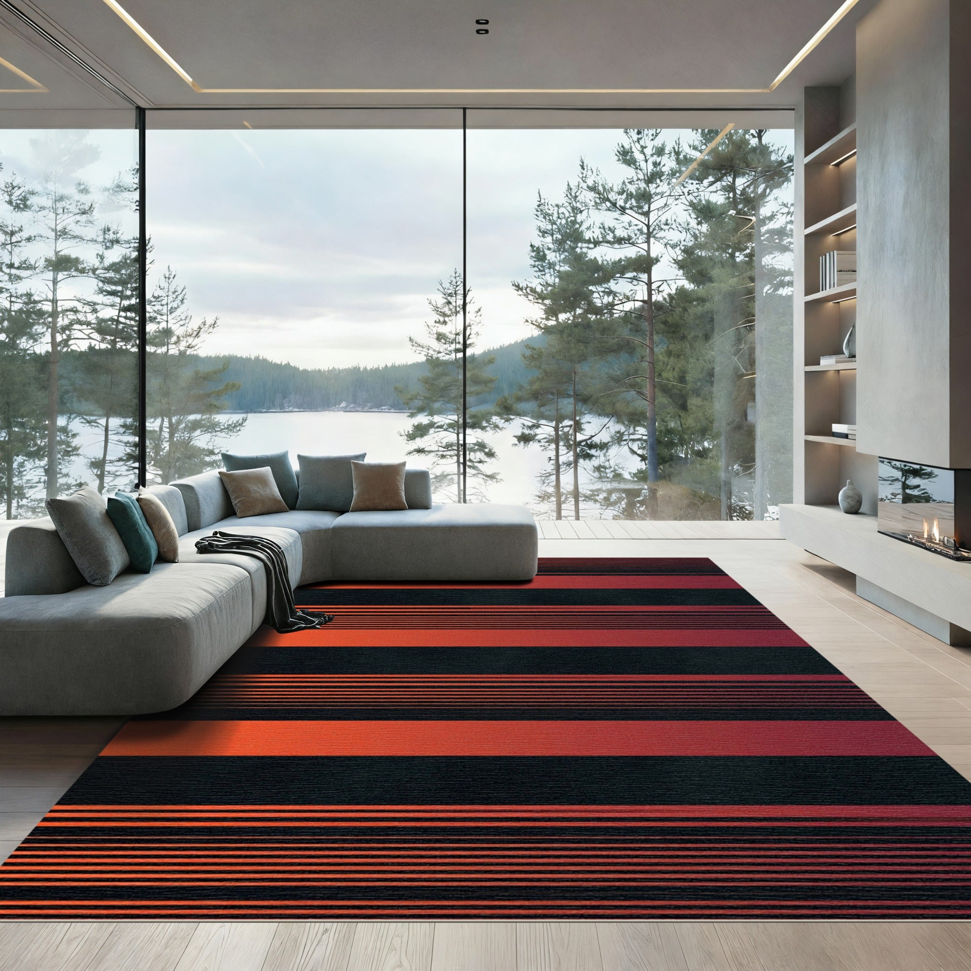 Modern Crimson Black Gradient Striped Rug