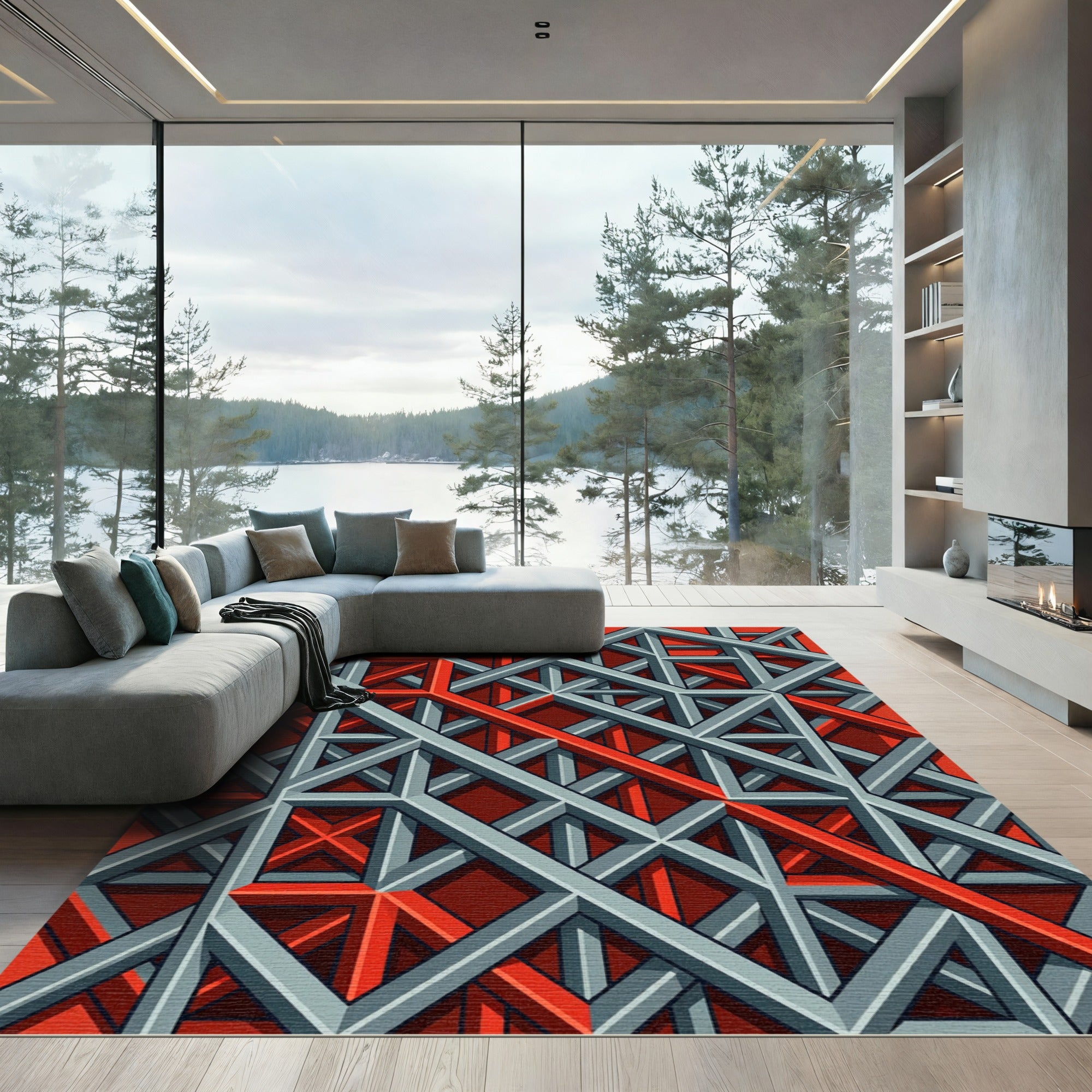 Red Gray Geometric Interlocking Grid Rug