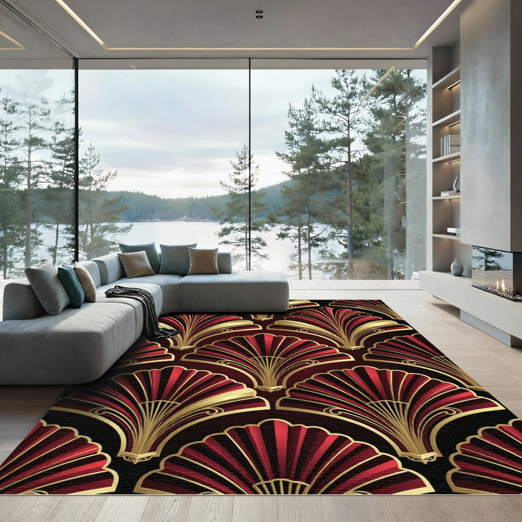Art Deco Crimson Gold Fan Rug