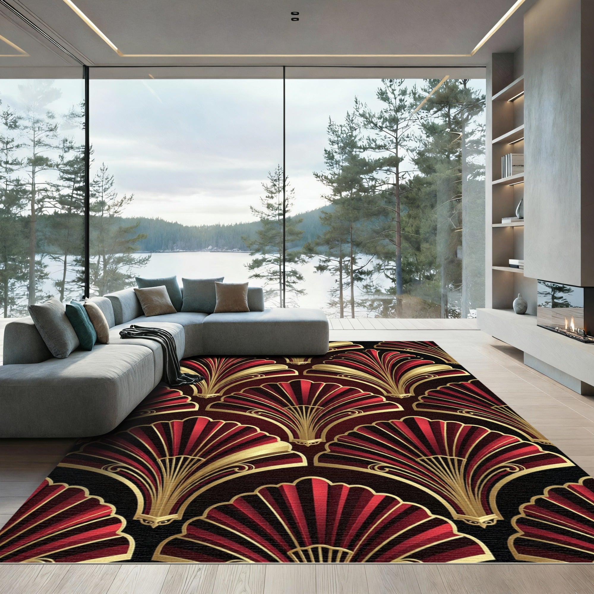 Art Deco Crimson Gold Fan Rug