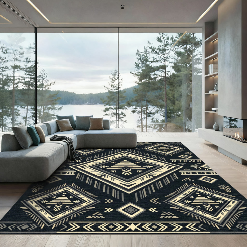 Geometric Black and Cream Tribal Diamond Rug