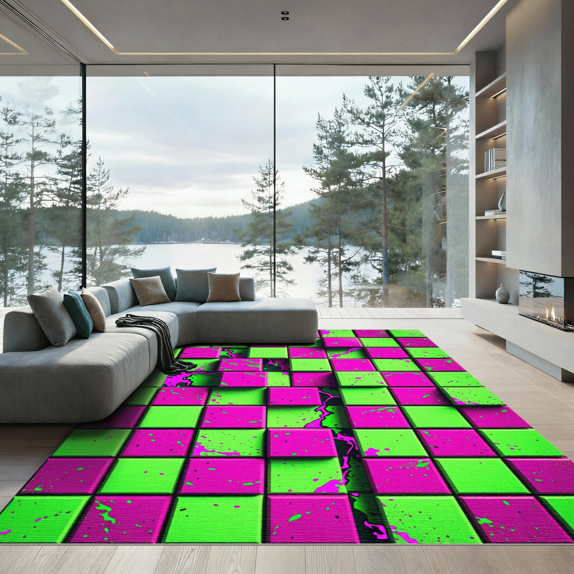 Neon Splatter Lime and Raspberry Cubes Rug