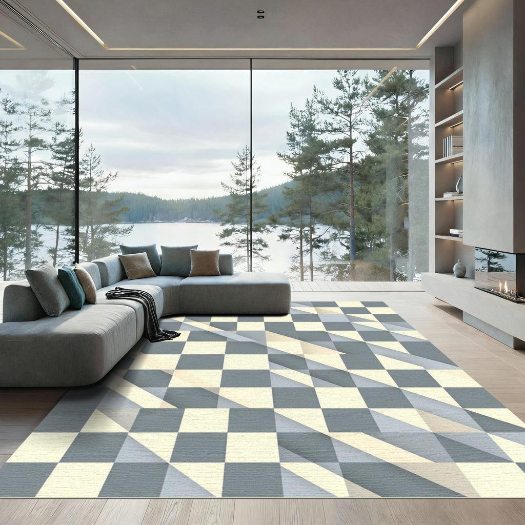 Pale Gray Cream Checkered Geometric Overlay Rug
