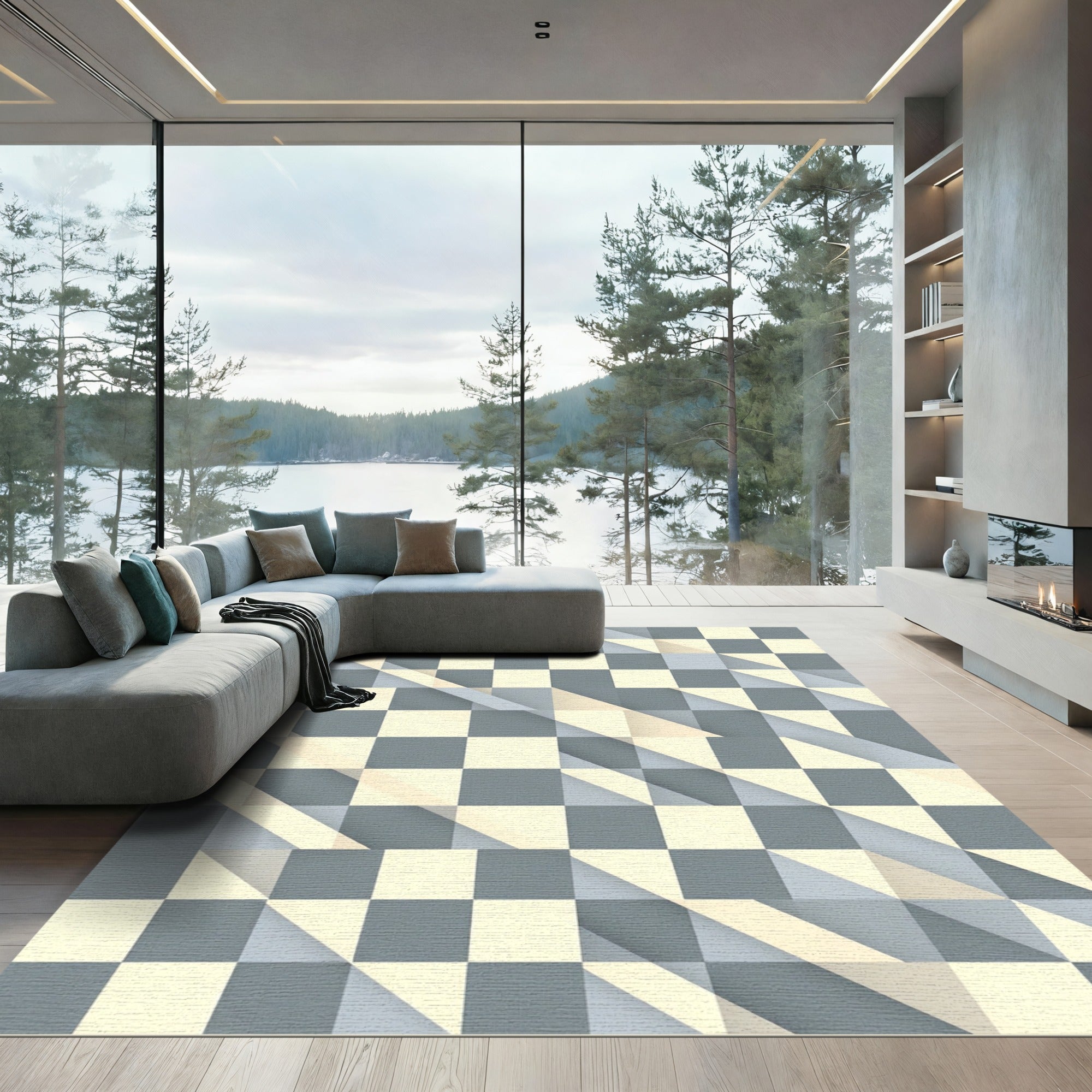 Pale Gray Cream Checkered Geometric Overlay Rug