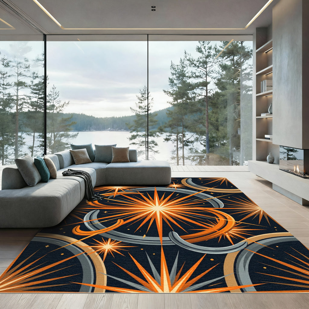 Cosmic Orange Starry Celestial Swirl Rug