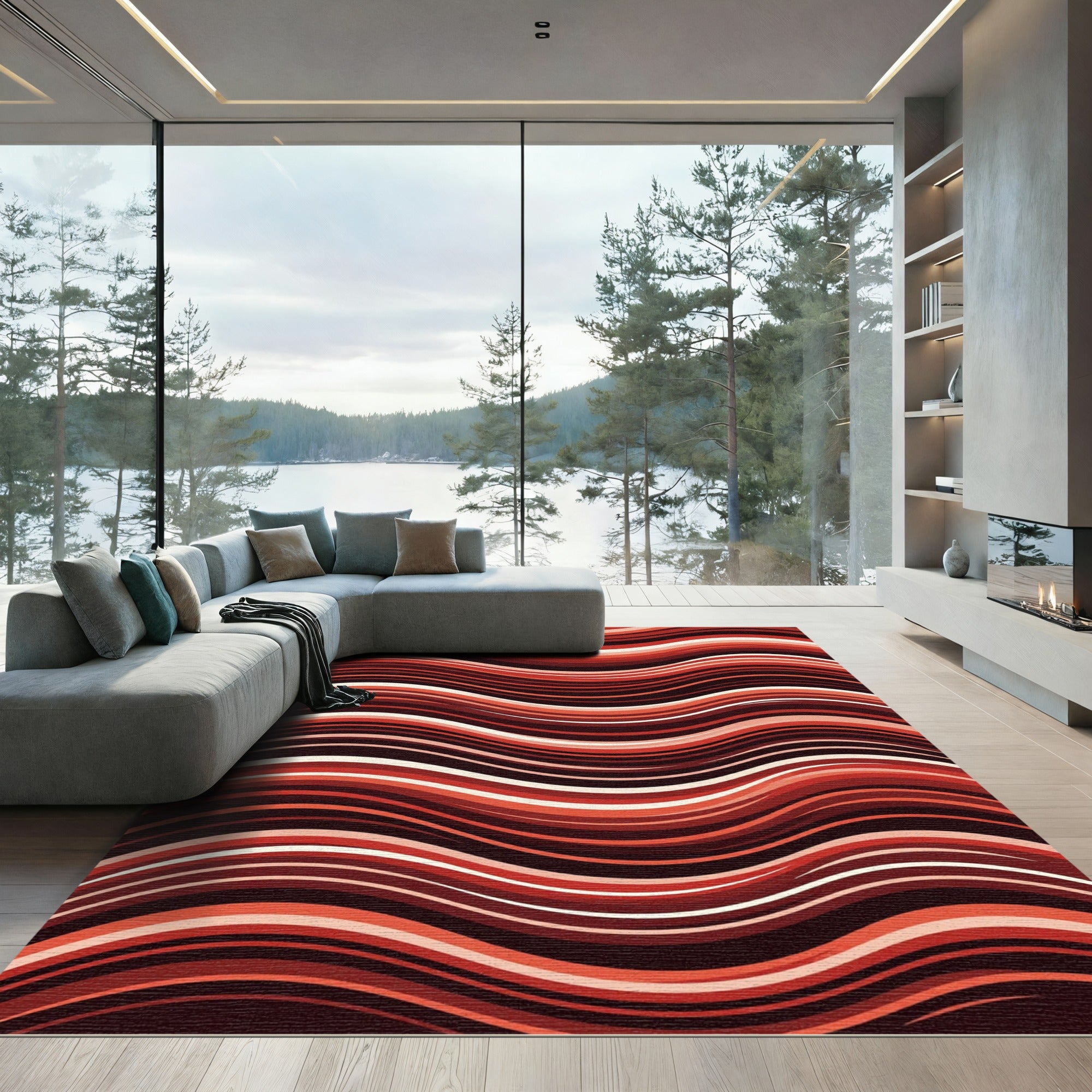 Crimson Red Wavy Stripe Rug