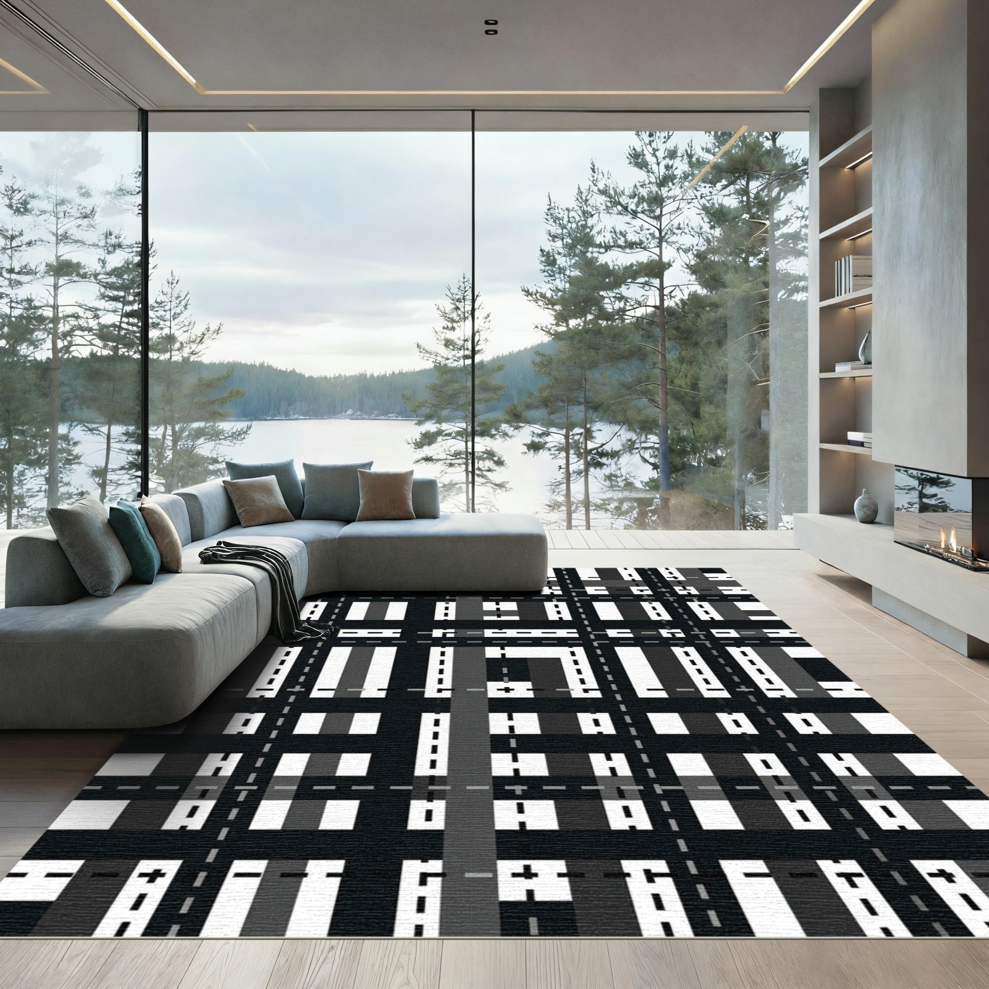 Monochromatic Gridded Checkered Abstract Rug