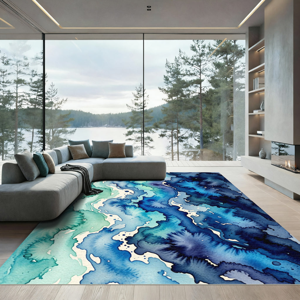 Oceanic Teal Blue Watercolor Waves Rug