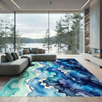 Oceanic Teal Blue Watercolor Waves Rug