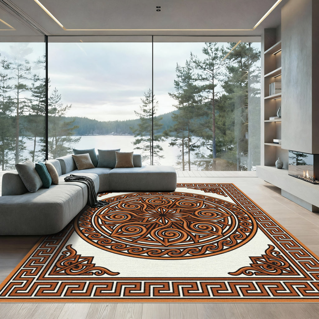 Classic Terracotta Greek Key Spiral Medallion Rug