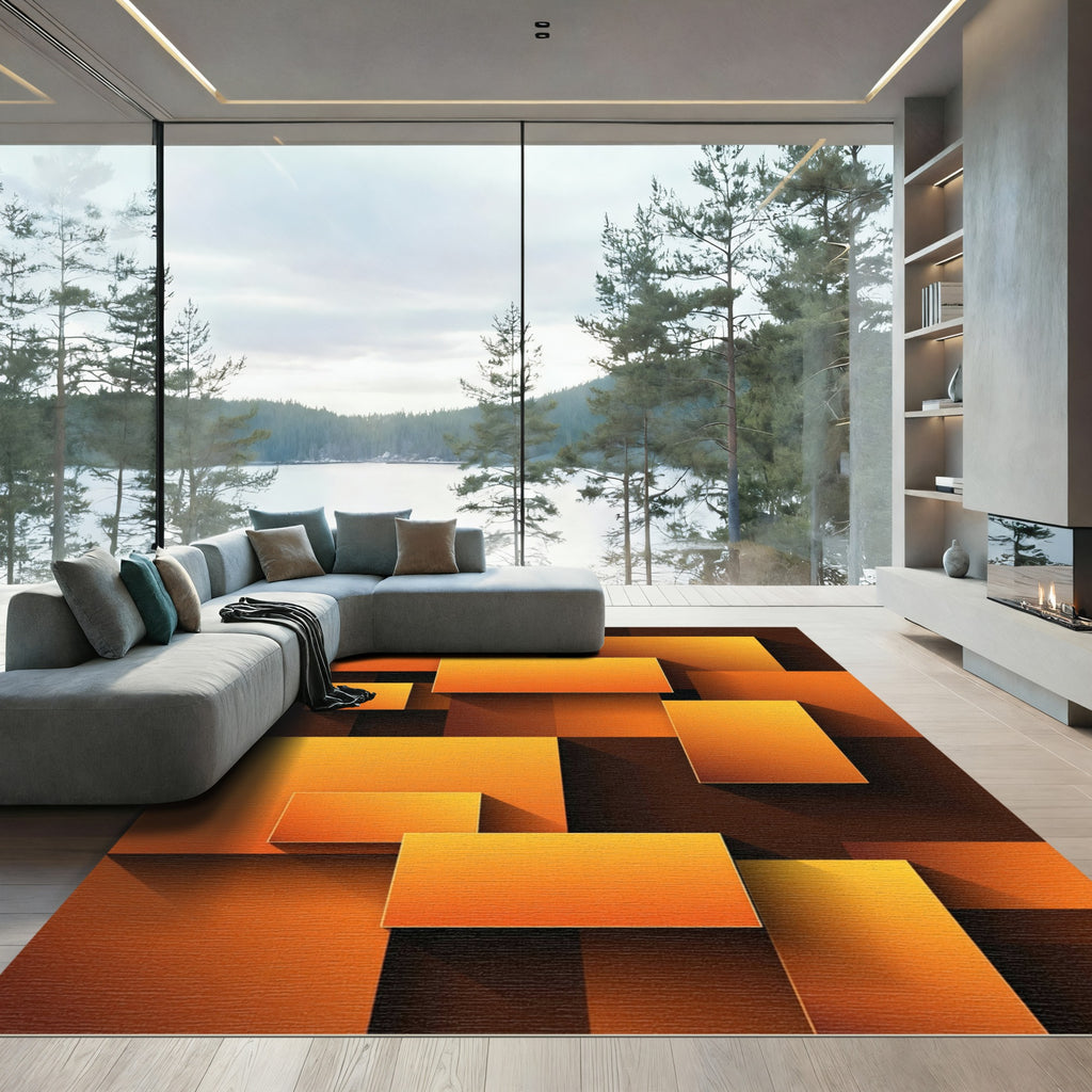 Modern Geometric Amber Block Composition Rug