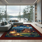 Rustic Glowing Lantern Mountain Cabin Night Rug