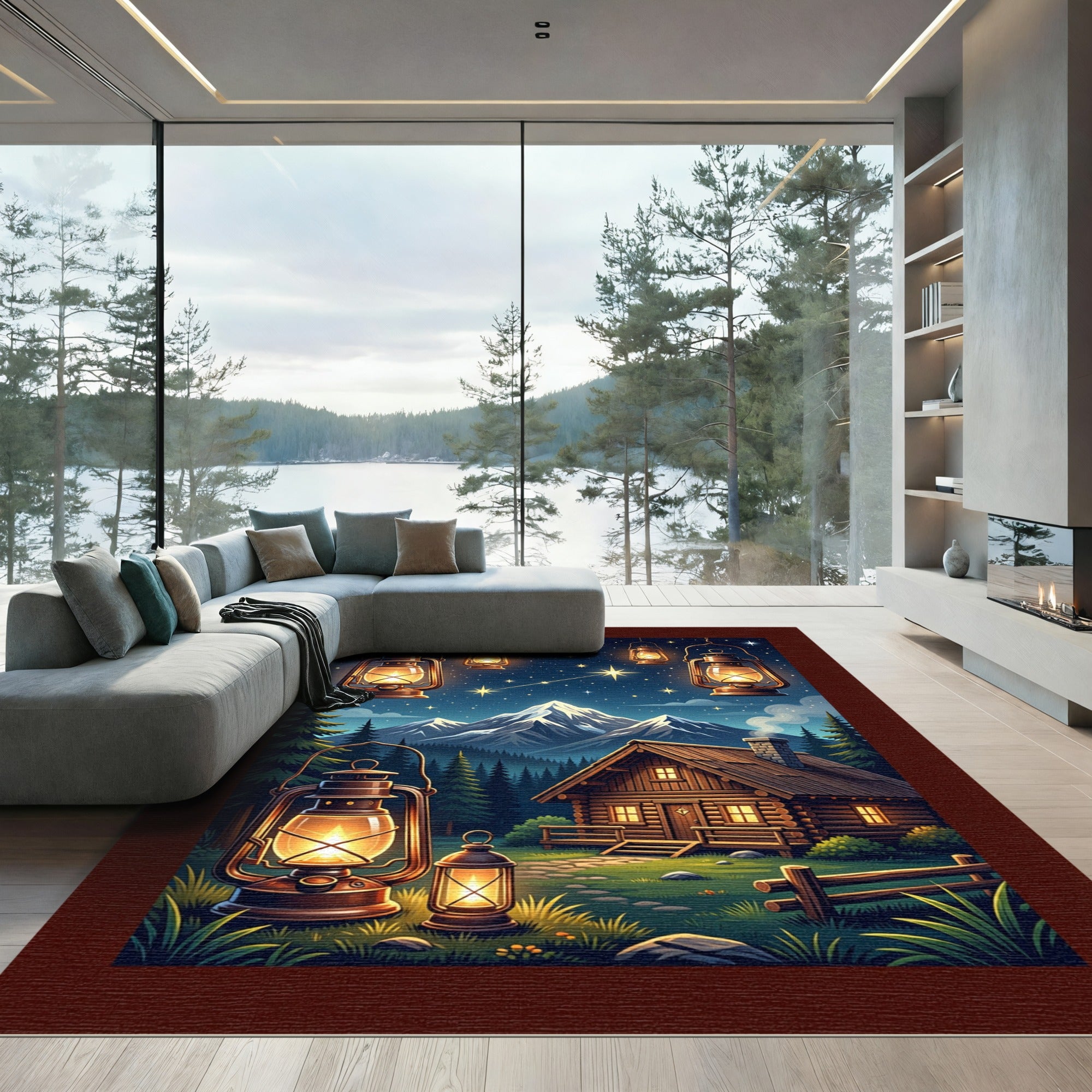Rustic Glowing Lantern Mountain Cabin Night Rug