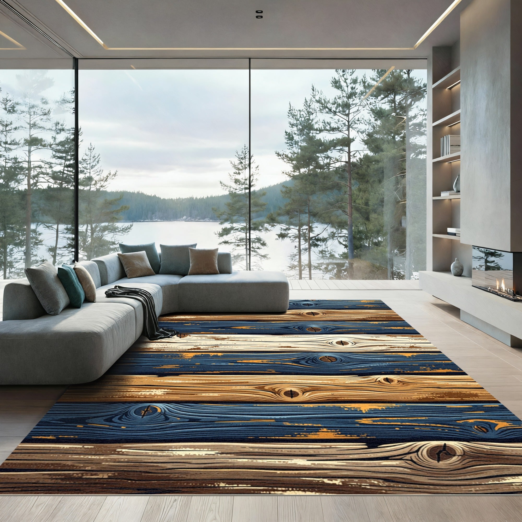 Rustic Navy and Ochre Wood Plank Rug