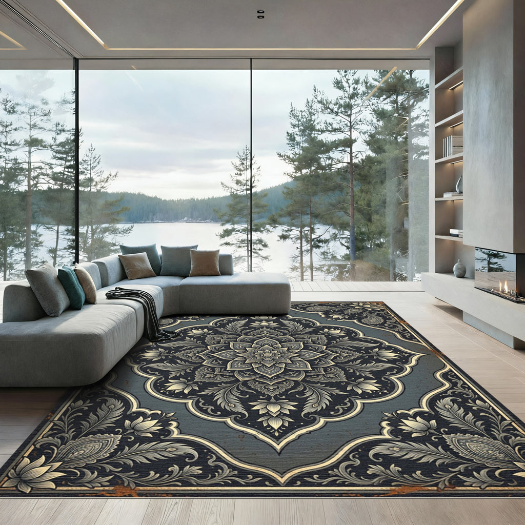 Elegant Dark Slate Floral Medallion Rug