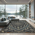 Elegant Dark Slate Floral Medallion Rug