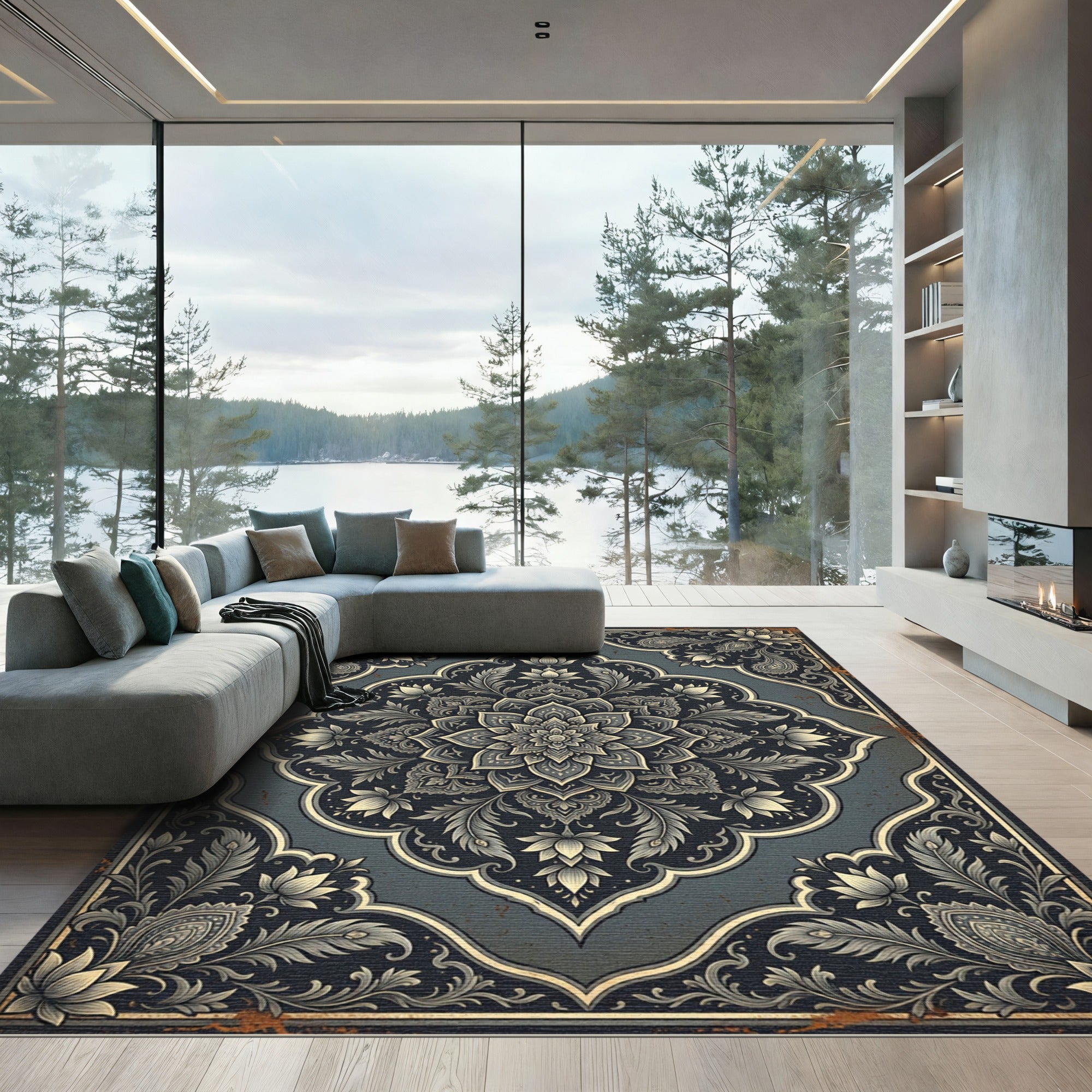 Elegant Dark Slate Floral Medallion Rug