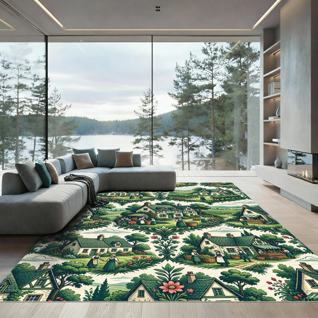 Pastoral Village Green Vineyard Scene Rug