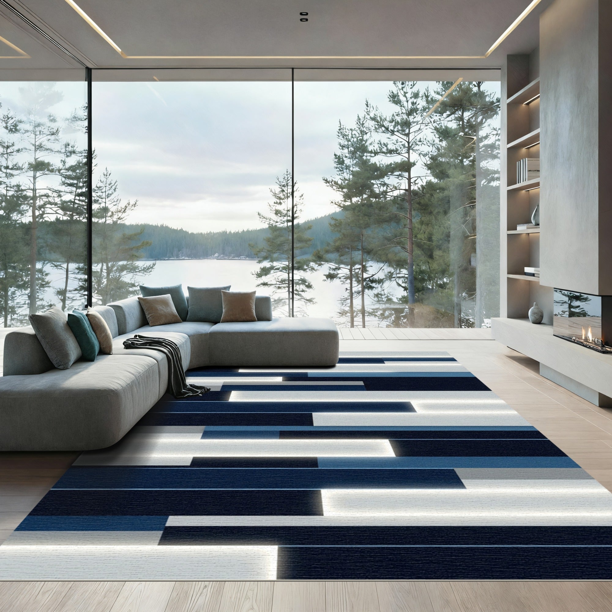 Modern Indigo and Gray Linear Luminescent Rug