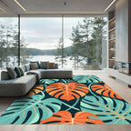 Bold Orange and Teal Monstera Leaves Rug