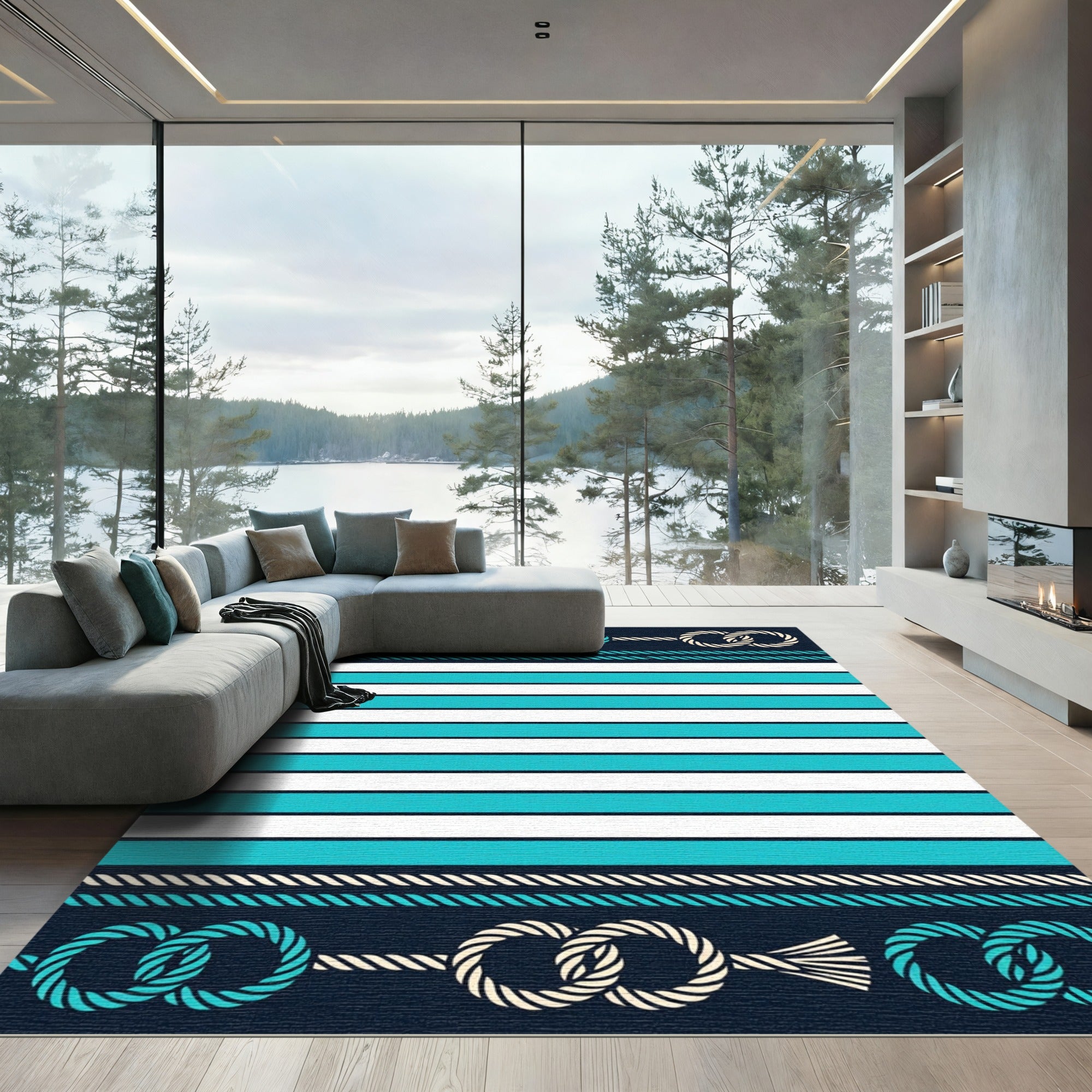 Nautical Rope Stripe Aqua Rug