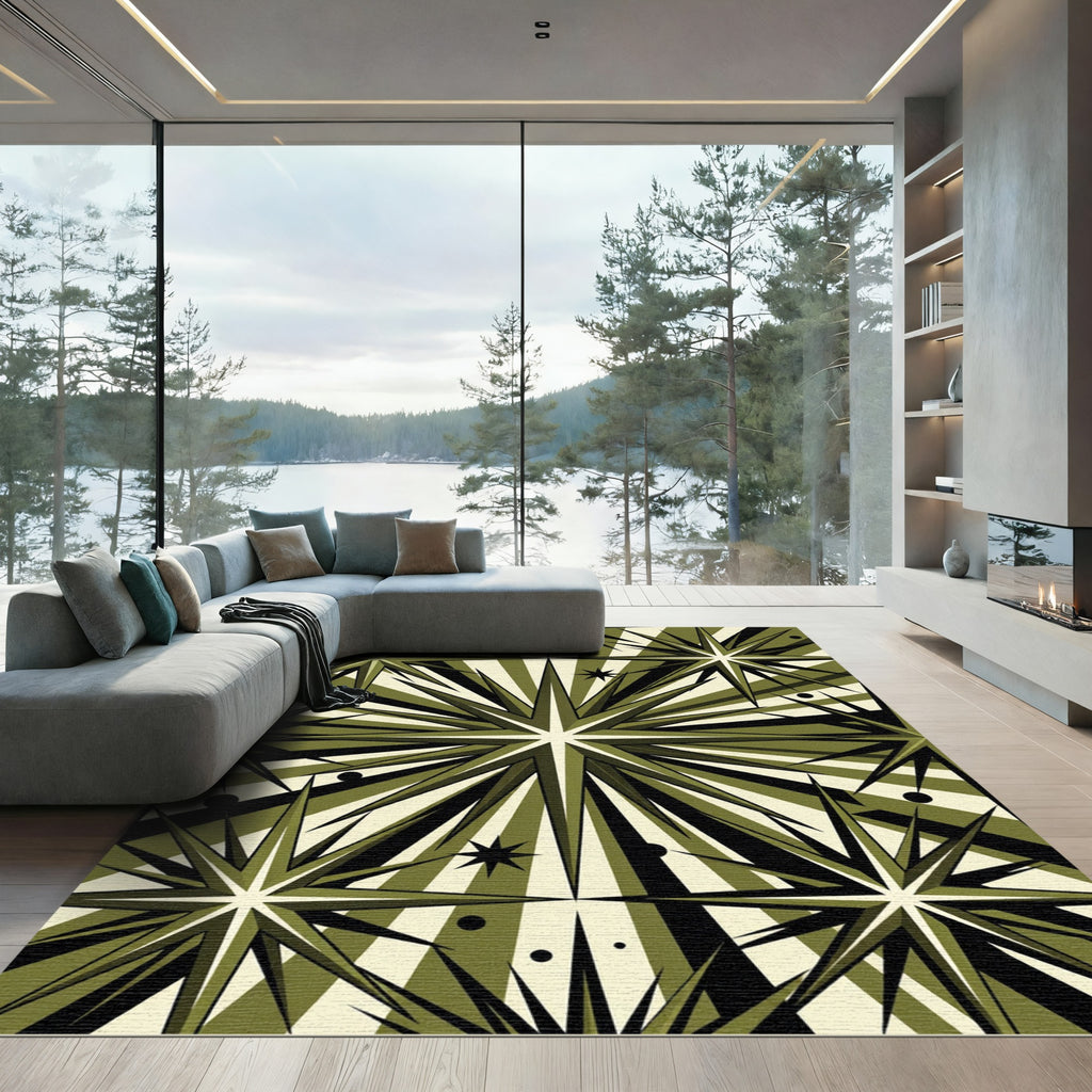 Olive Mid-Century Geometric Starburst Rug